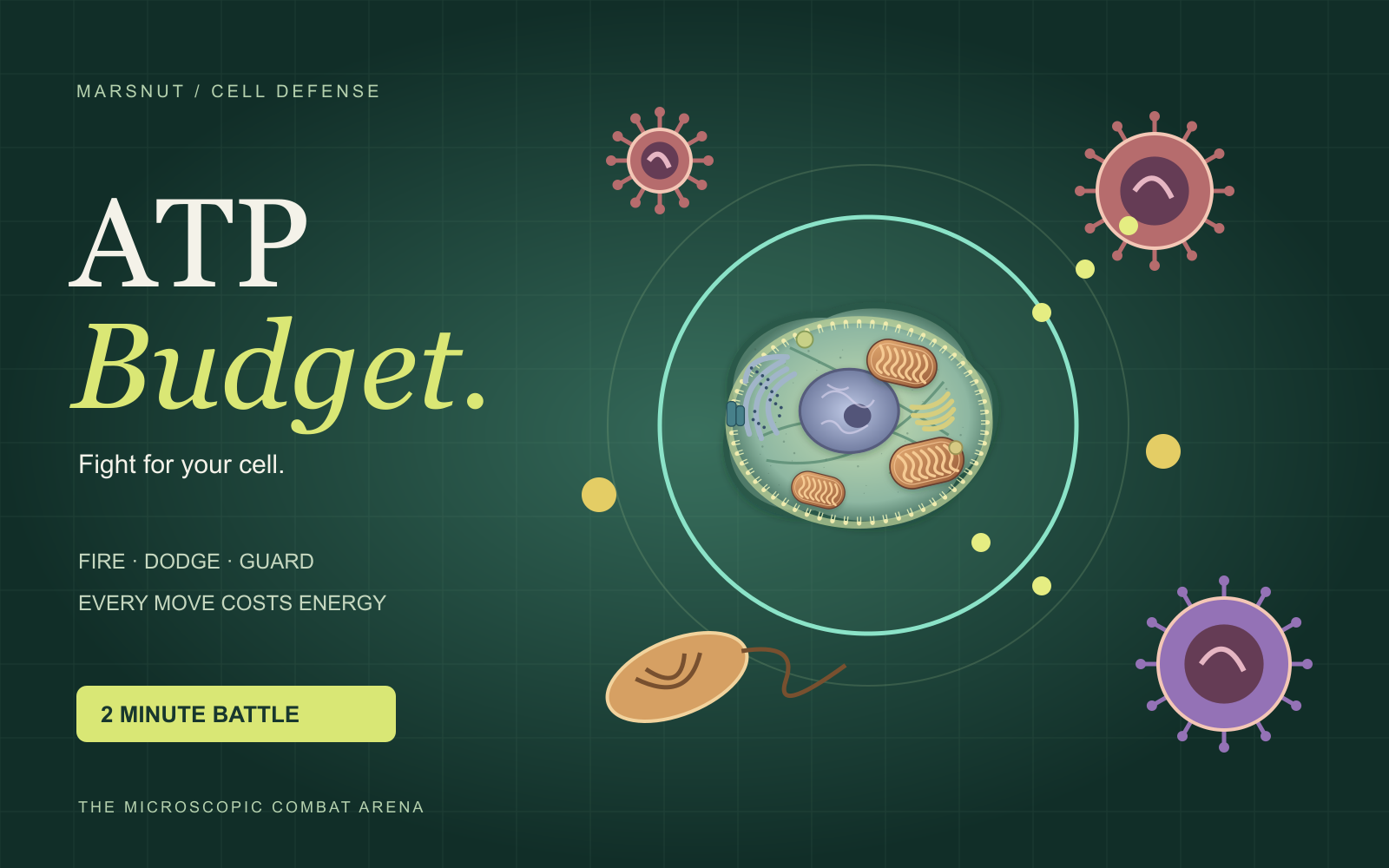 Defender cell in a microscopic fighting arena facing viral and bacterial foes