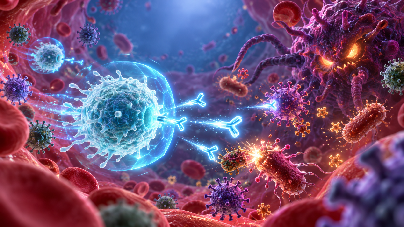 A defender cell battling pathogens in a microscopic bloodstream