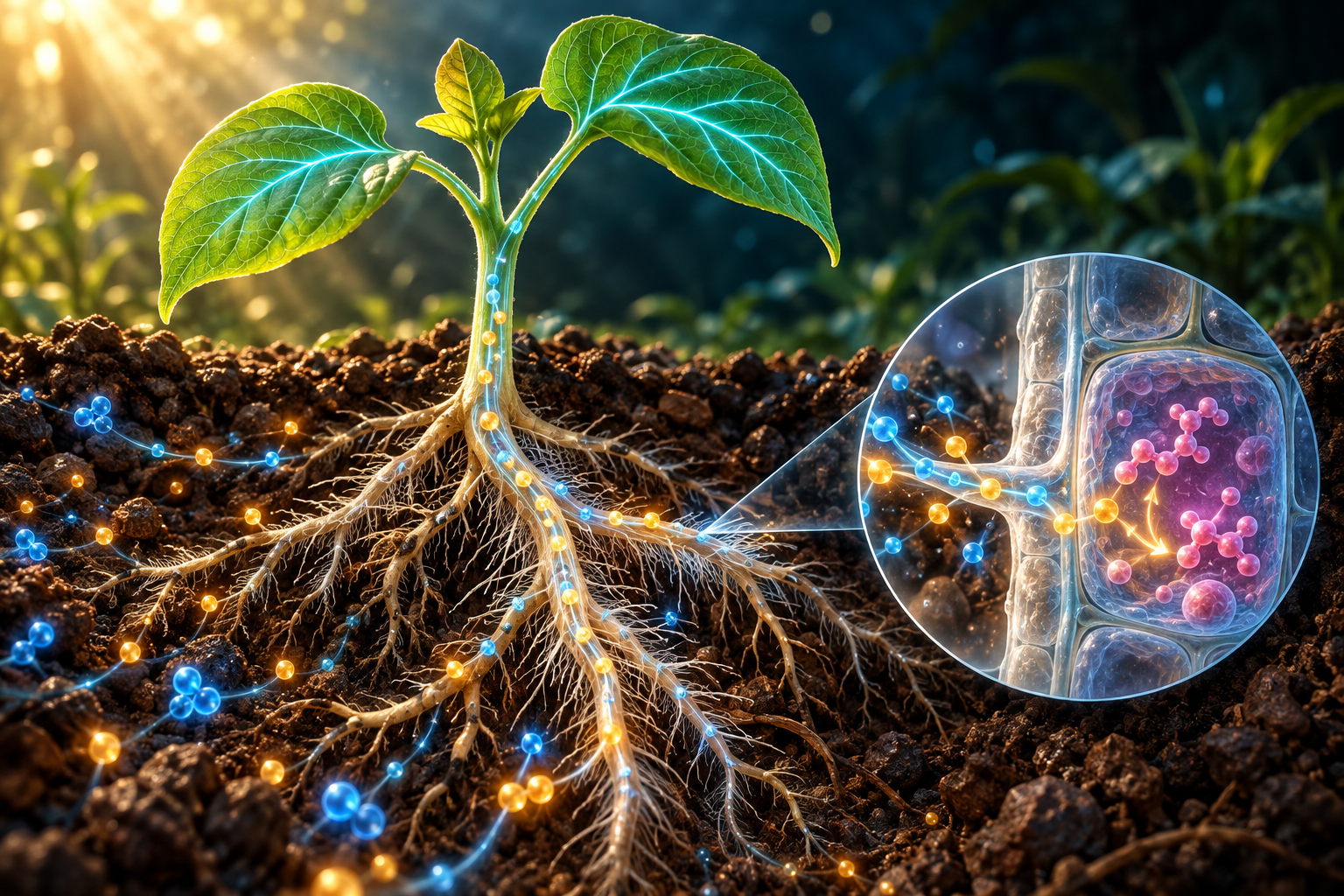 Bean seedling with detailed roots, nutrient particles and a root cell cutaway