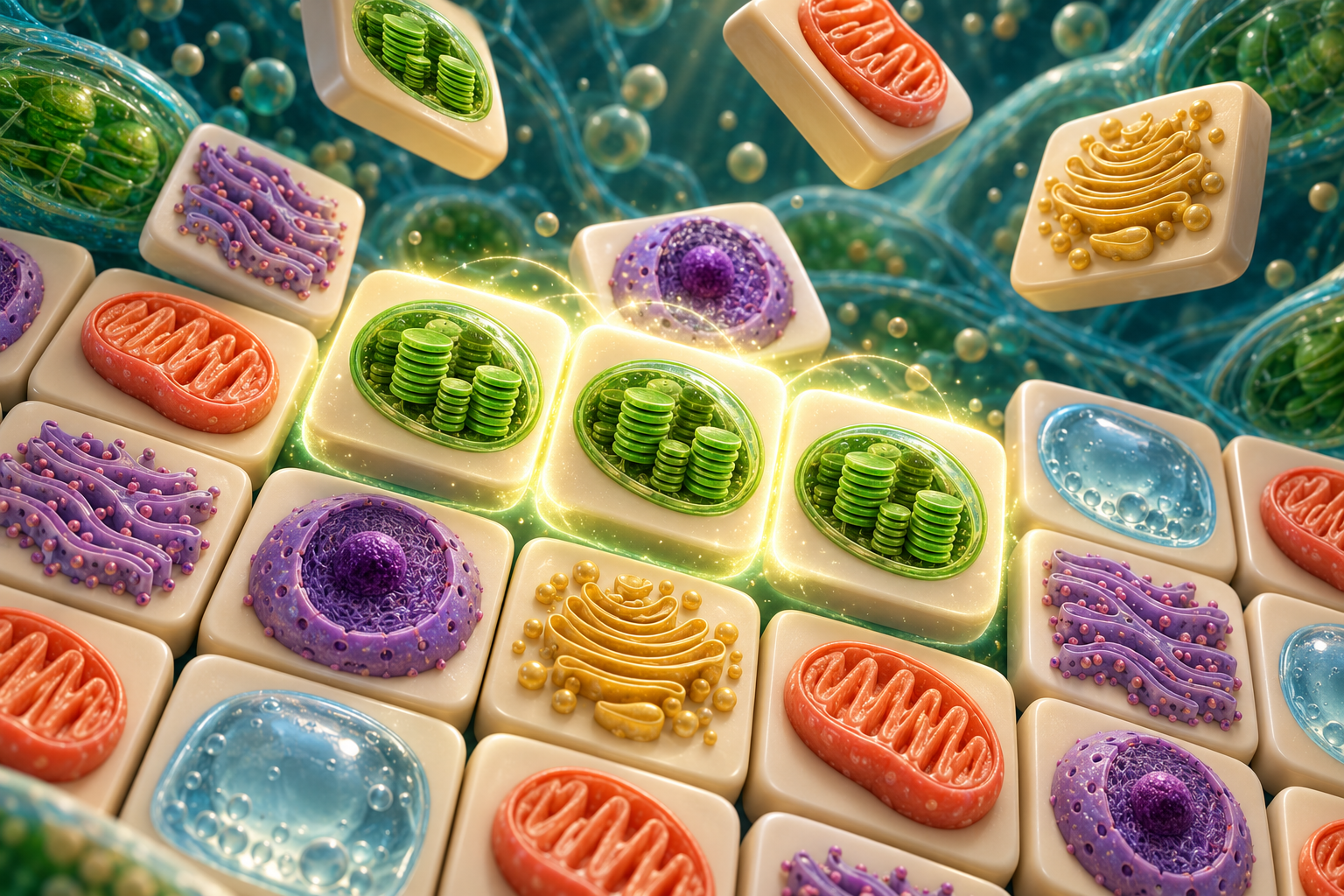 Recognizable chloroplasts, mitochondria, nucleus and Golgi stacks in a microscopic tile puzzle