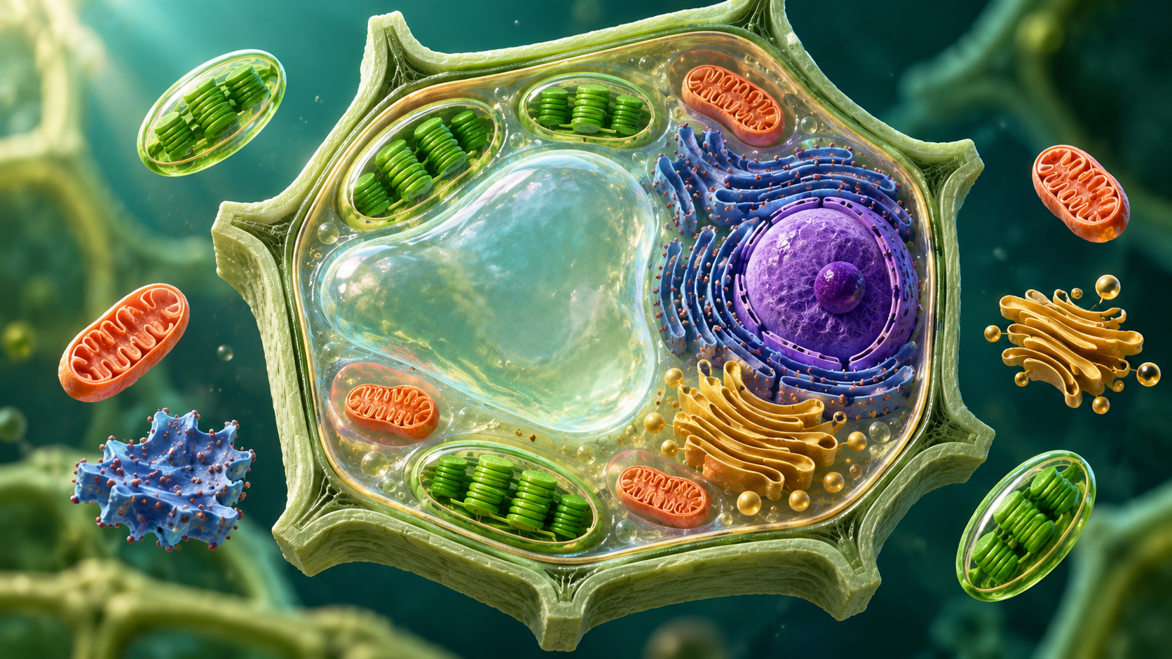 Detailed plant cell cutaway with chloroplasts, a central vacuole and a nucleus