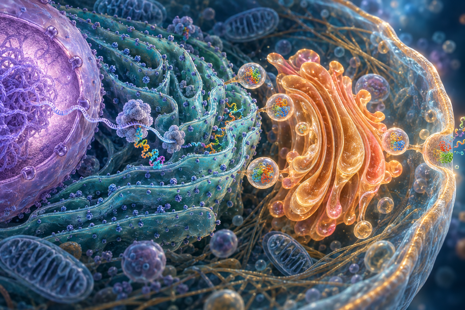 Microscopic cell cutaway with a nucleus, rough ER, Golgi and protein-filled vesicles