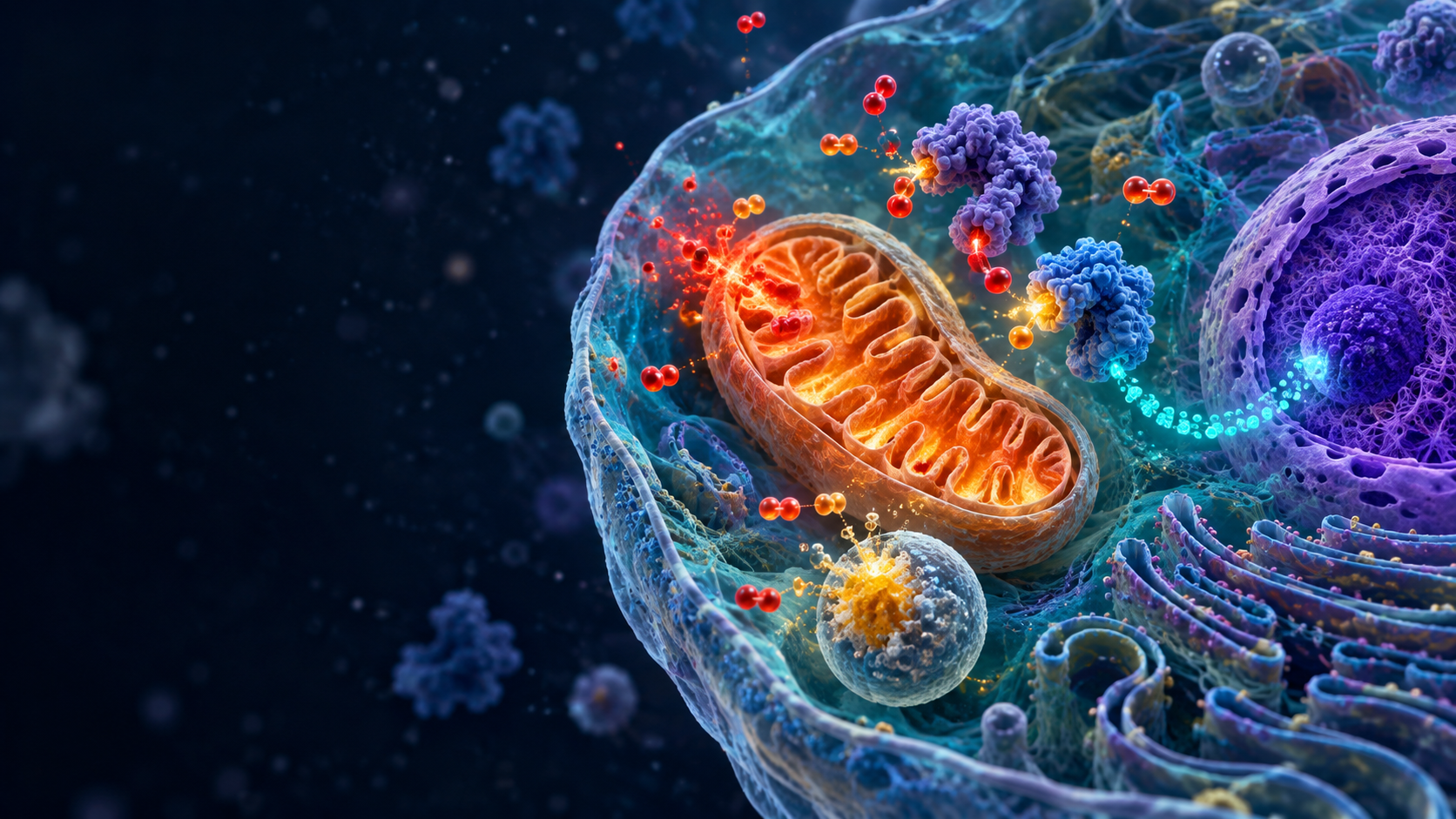 Microscopy-inspired cell with mitochondrion, peroxisome and enzyme proteins